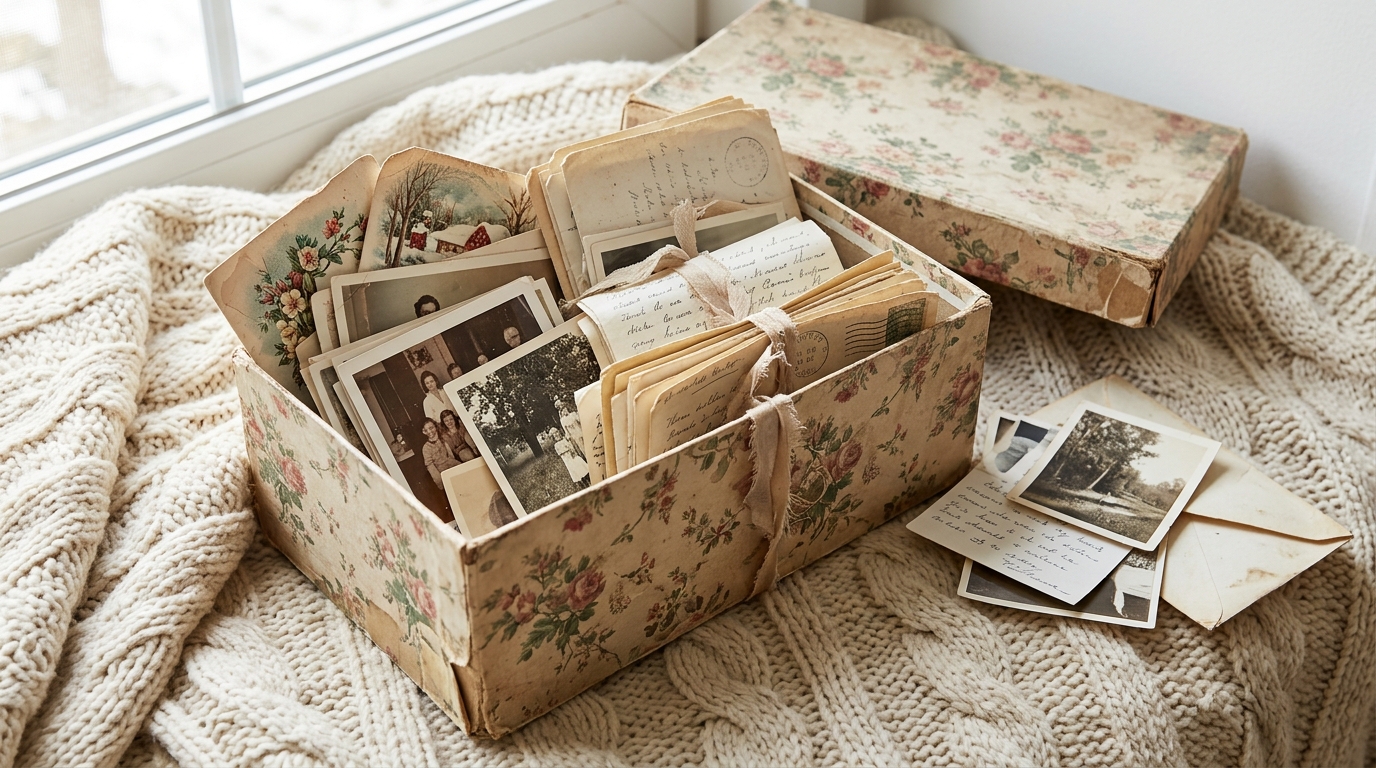 Floral paper keepsake holding old family photos, letters and holiday cards