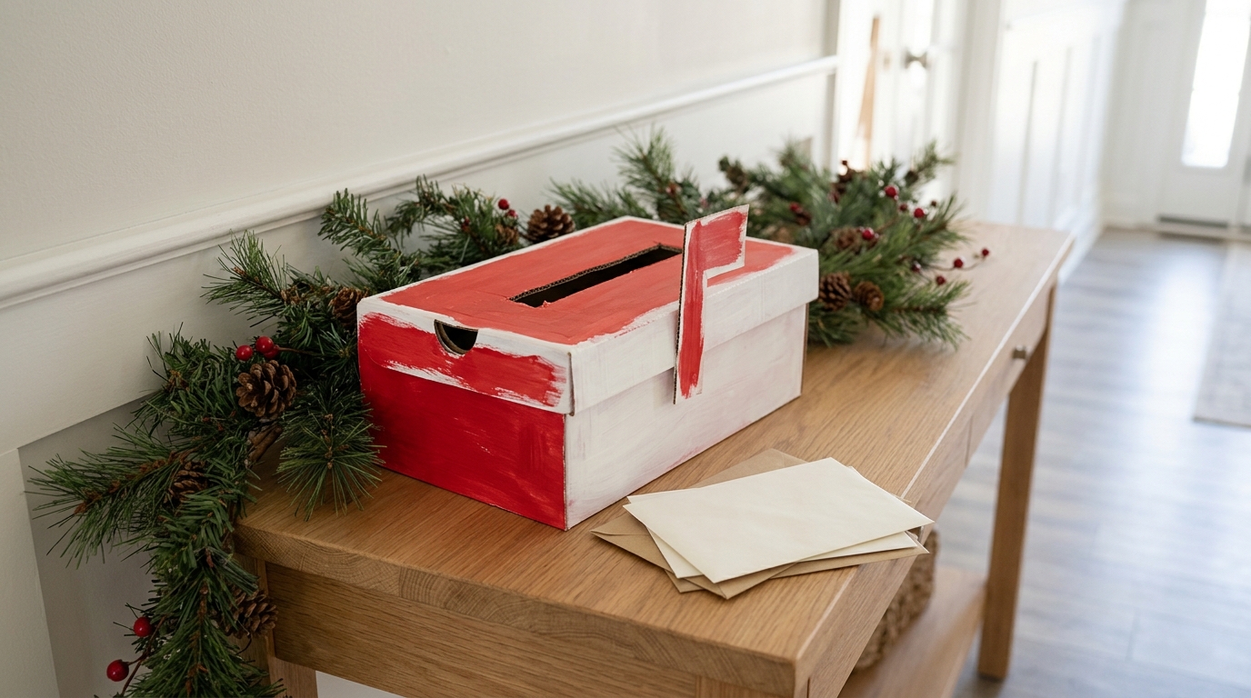Red and white Christmas card mailbox with a slot on a hallway table