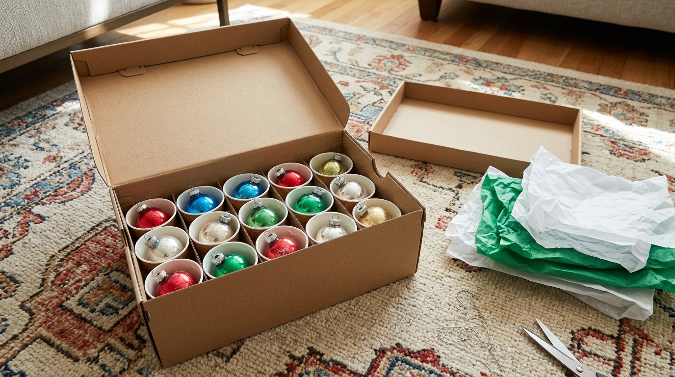 Shoe box crafts for storage: an ornament box with paper cup dividers