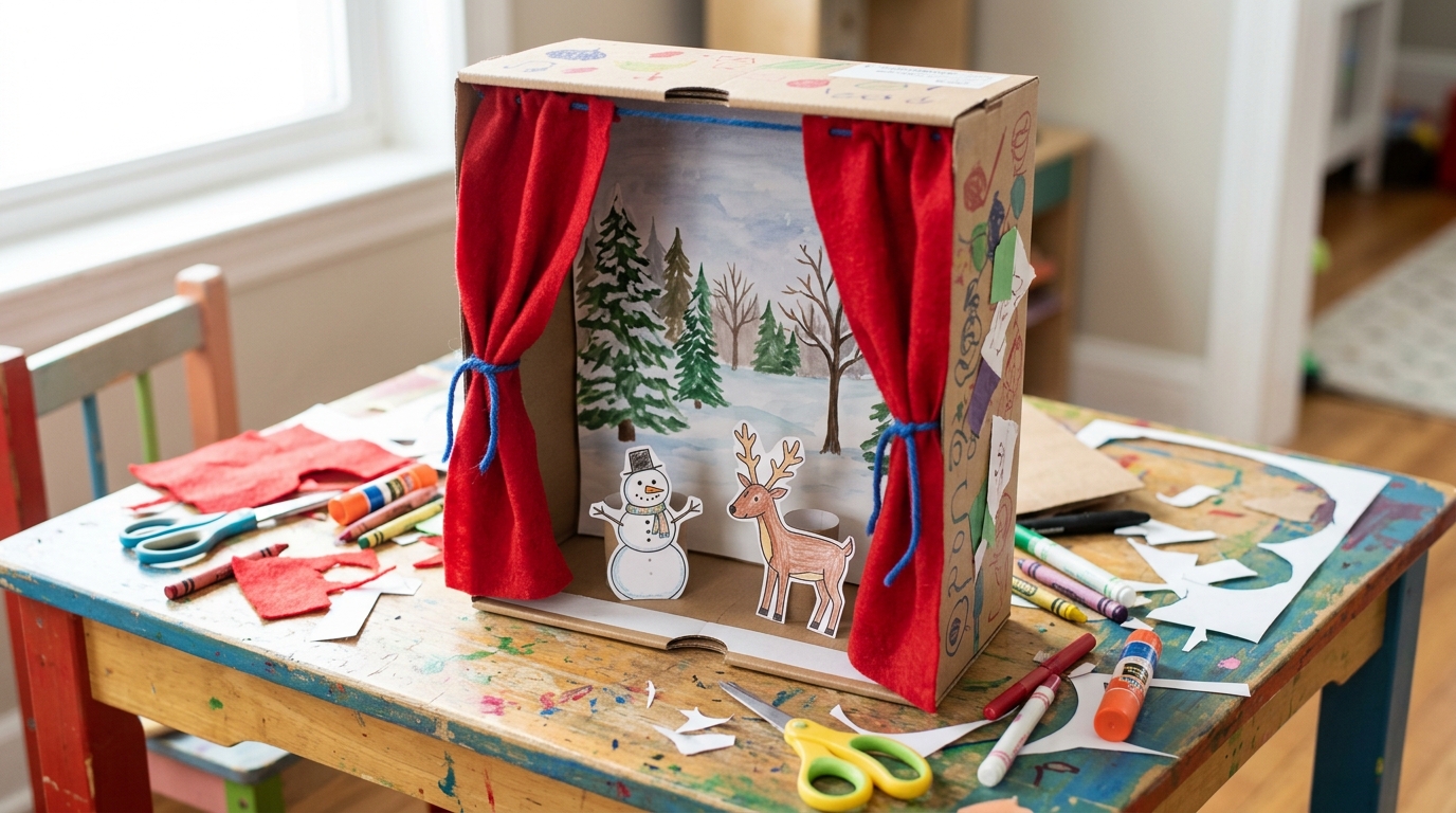 Tiny puppet theater with red felt curtains and snowman and reindeer puppets