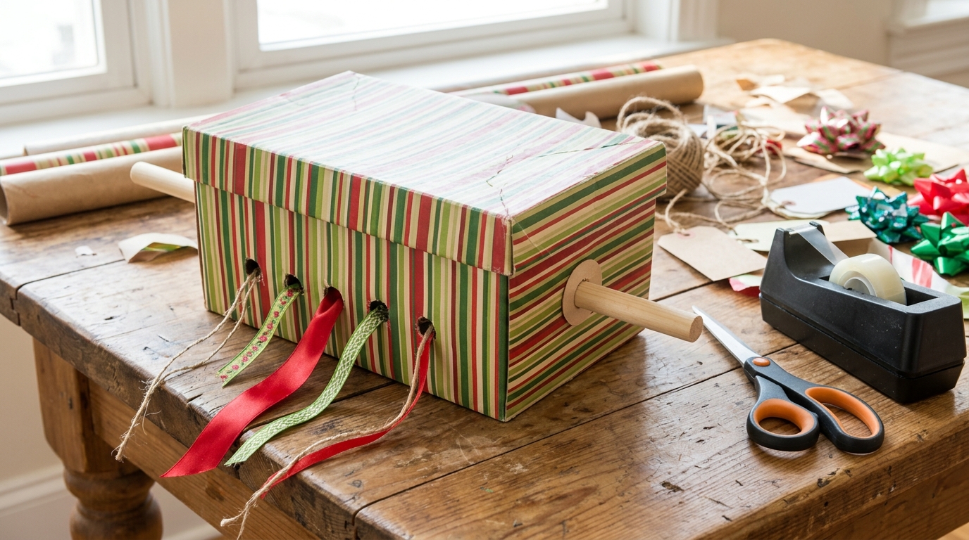 Striped paper ribbon dispenser with a wooden dowel on a wrapping table