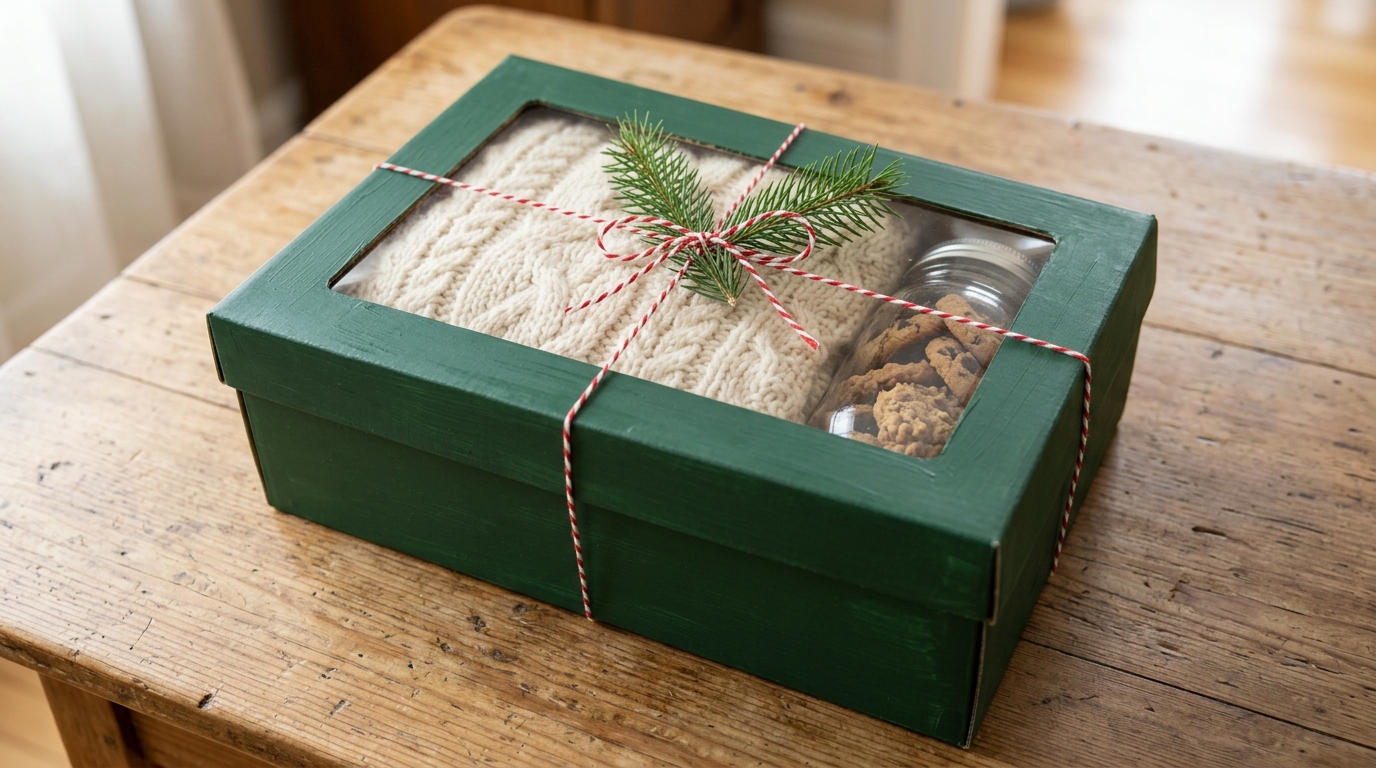 Green painted gift box with a clear window lid showing a knit sweater and cookies