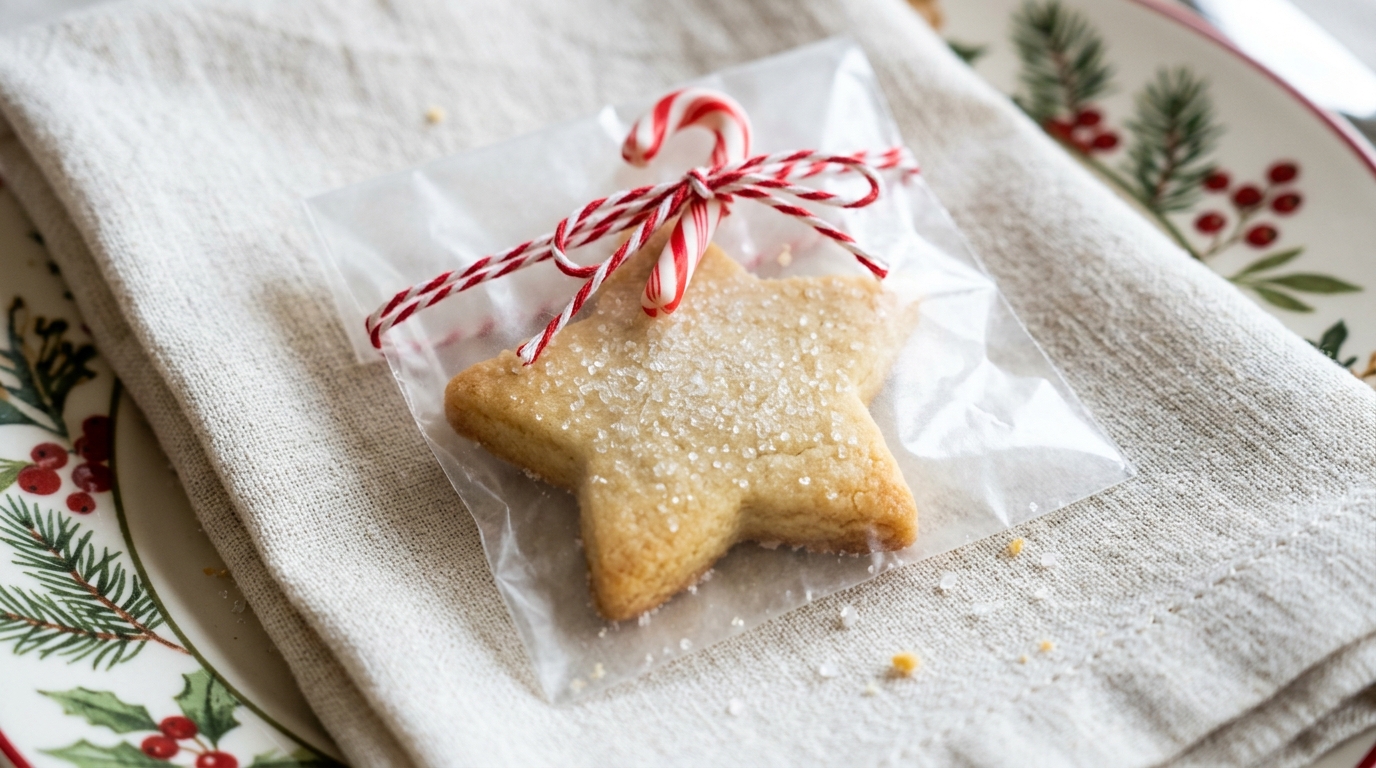 Star shaped sugar shortbread cookie in a glassine bag with a candy cane on a linen napkin