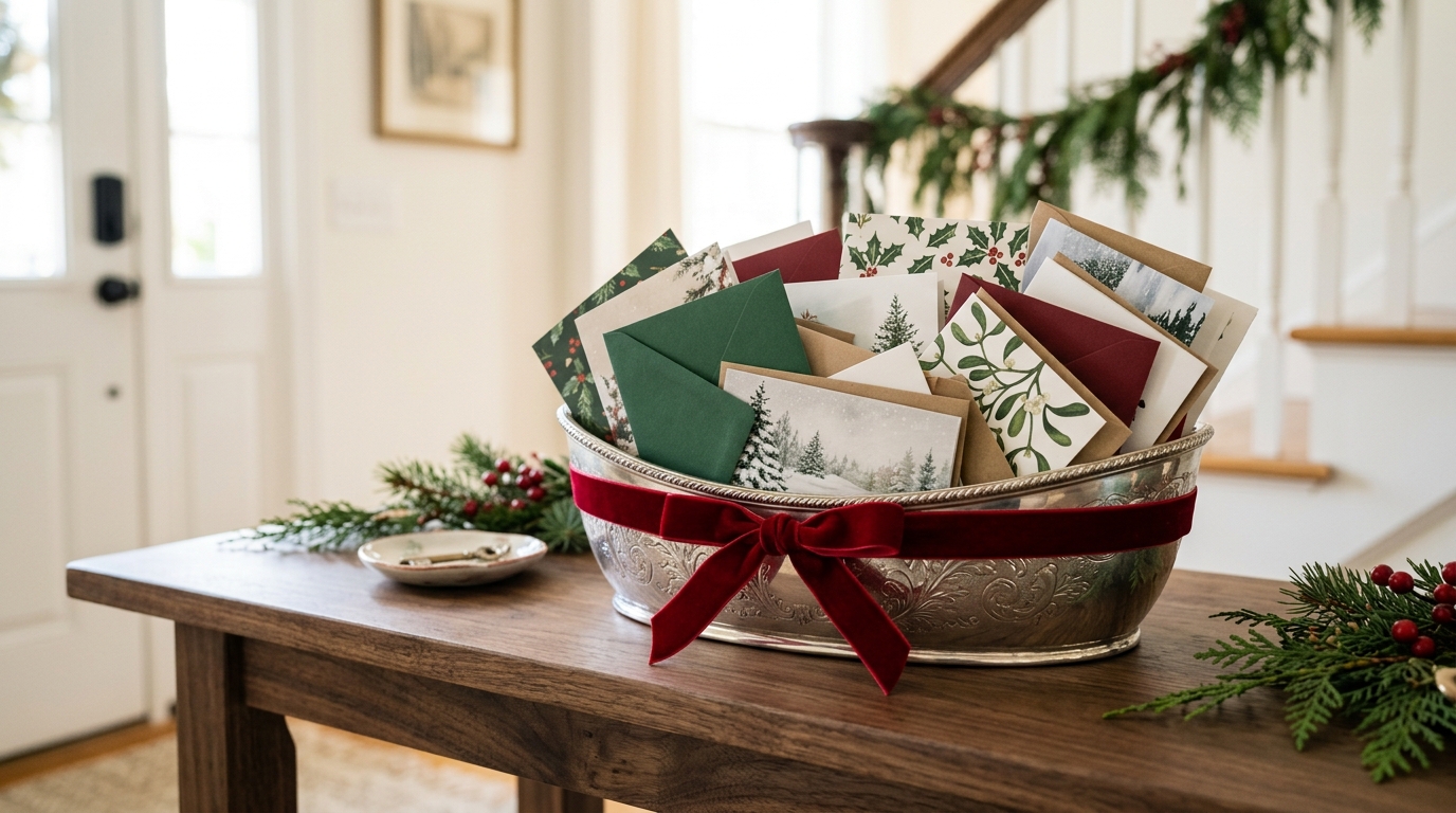 Silver bread basket holding Christmas cards and small envelopes on an entry table