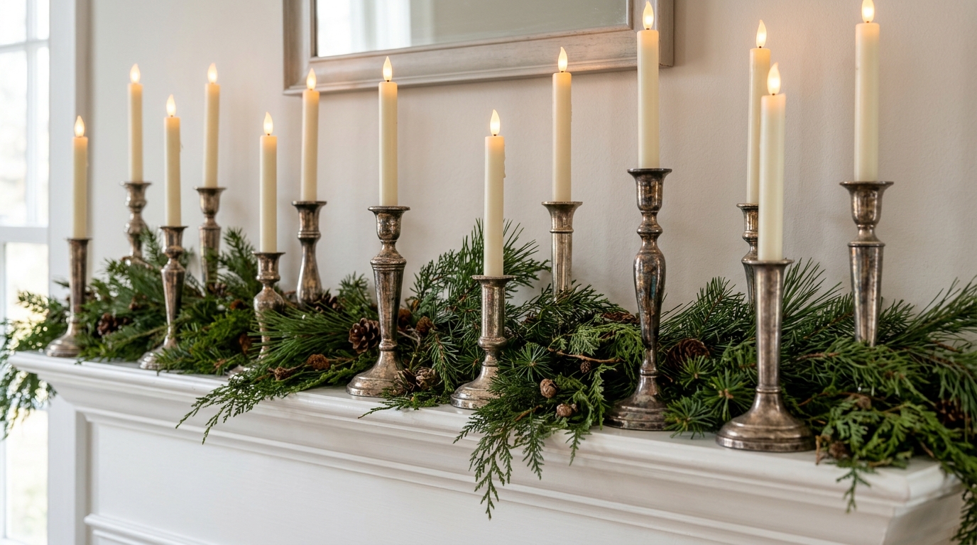 Silver Christmas decor with mixed silver candlesticks holding flameless LED taper candles on a mantel with garland
