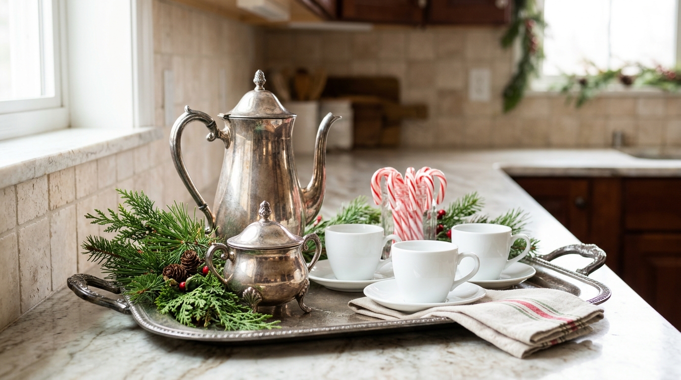 Silver Christmas decor coffee station on a large silver tray with a silver pot, cups, sugar bowl and greenery