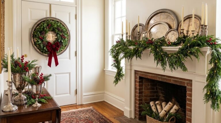 Silver Christmas decor with a silver tray wreath on a white door, silver trophy cups of greenery and silver candlesticks in an entry
