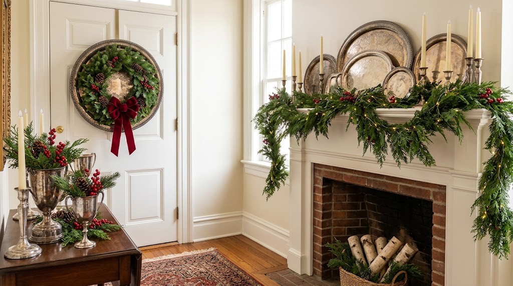 Silver Christmas decor with a silver tray wreath on a white door, silver trophy cups of greenery and silver candlesticks in an entry