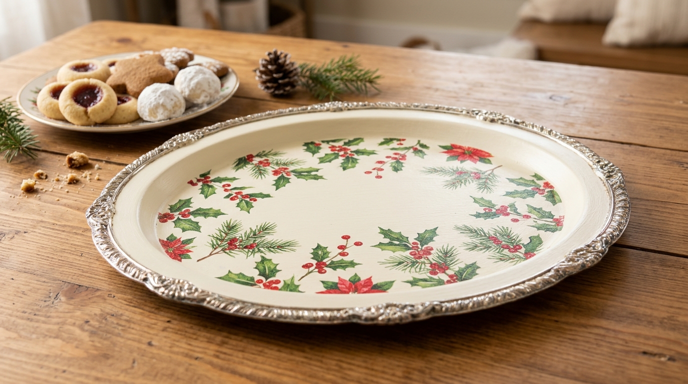 Silver tray with a Christmas floral napkin decoupaged in the center surrounded by shiny silver rim