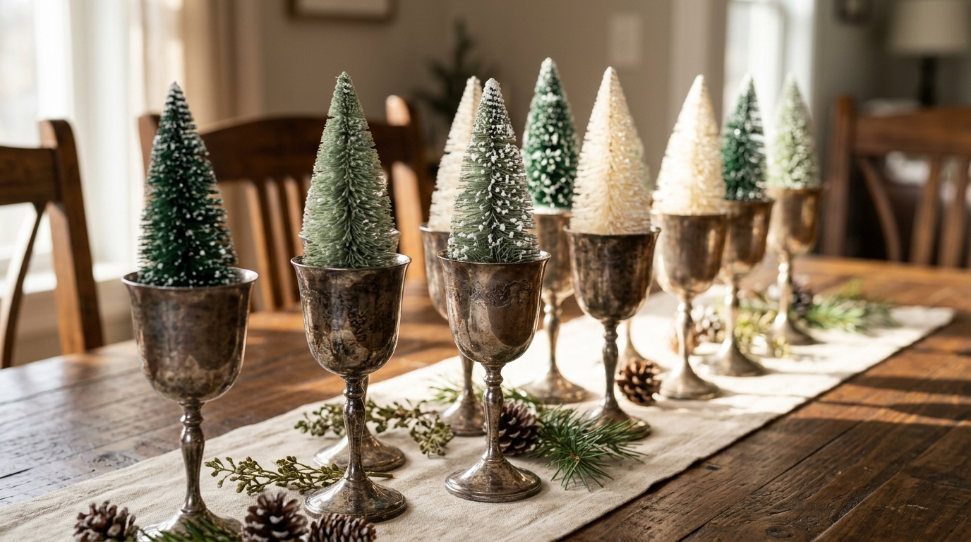 Silverplate goblets used as stands for small bottle brush trees on a dining table