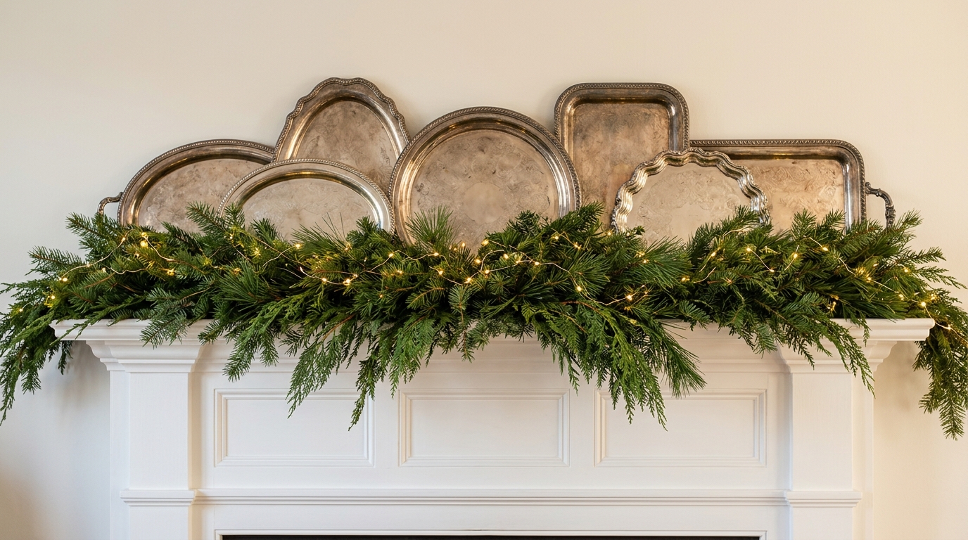 Silver Christmas decor with several mismatched silver trays leaning on a white mantel behind greenery