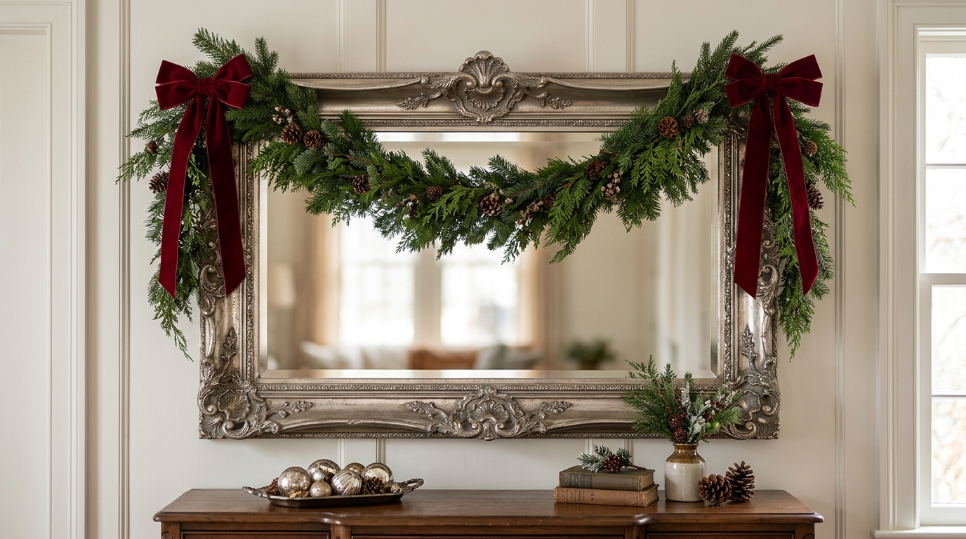 Silver Christmas decor with an ornate silver framed mirror above a console with a draped garland swag