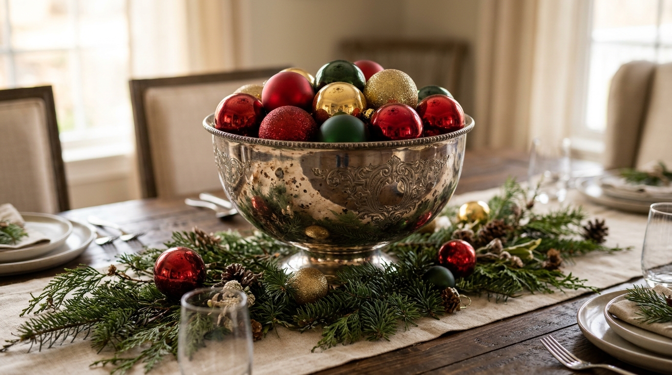 Silver punch bowl filled with red, gold and green glass ornaments on a dining table