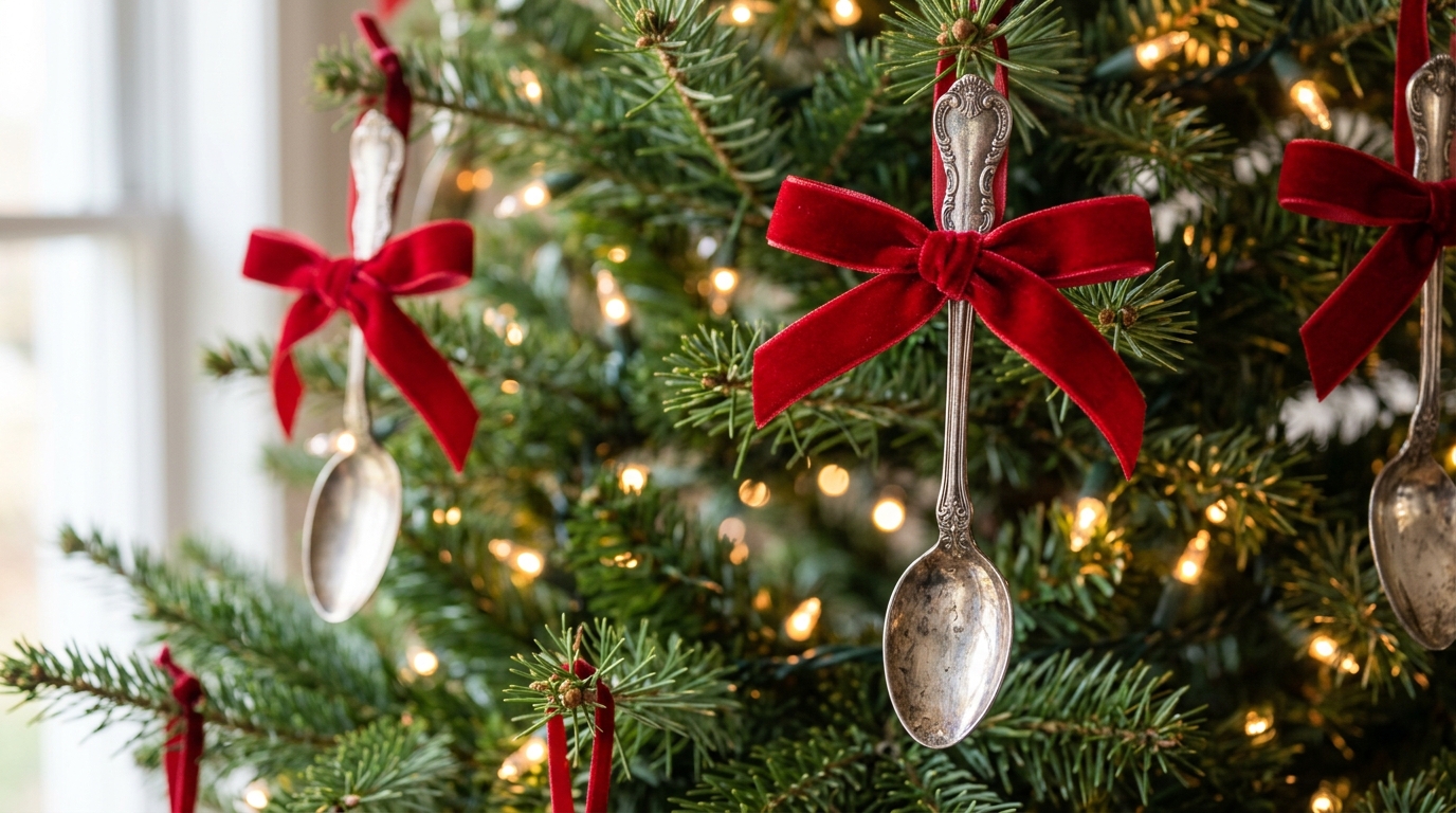 Silver Christmas decor with vintage silver spoon ornaments tied with red ribbon on a Christmas tree