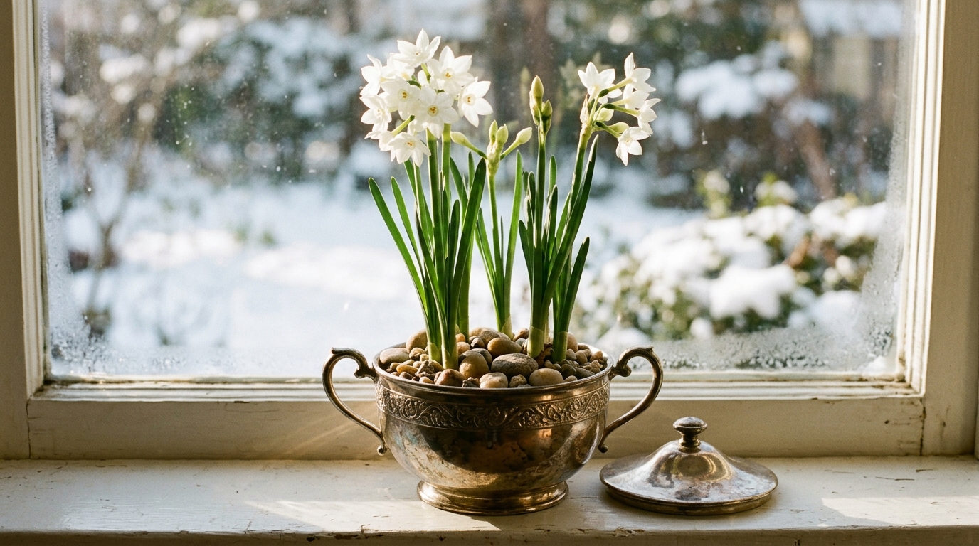 Silver sugar bowl planted with white paperwhite flowers growing from pebbles on a windowsill