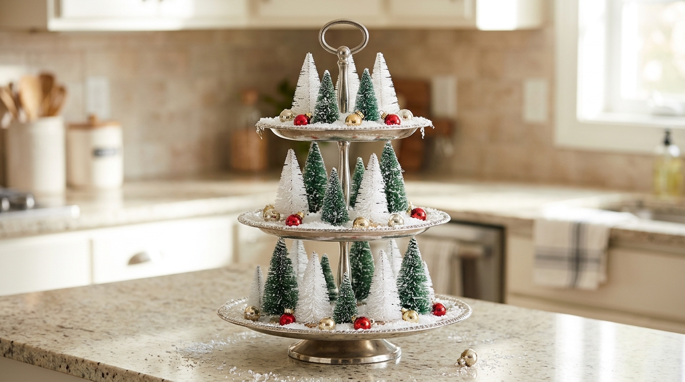 Tiered silver serving stand holding small white and green bottle brush trees and mini ornaments