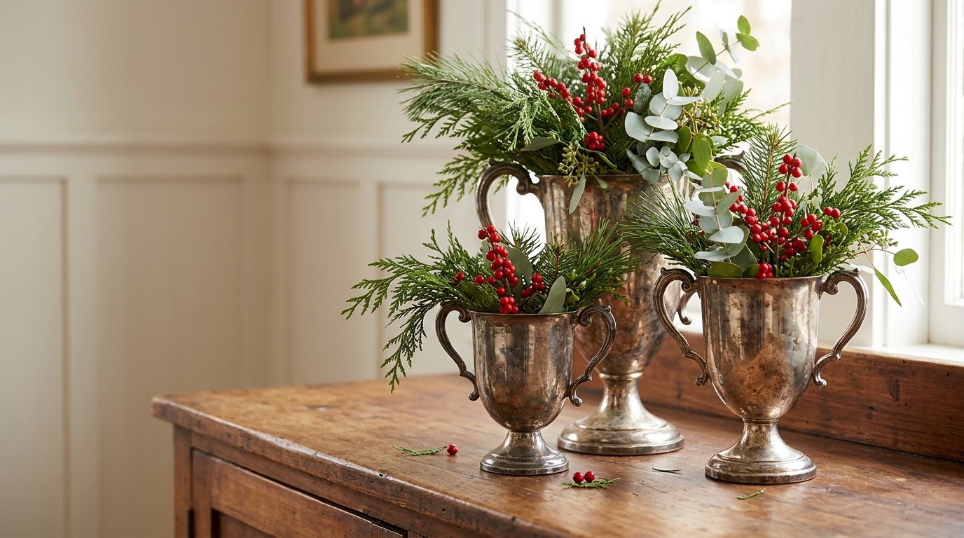 Silver Christmas decor with old silver trophy cups filled with pine, cedar and red berries on a sideboard