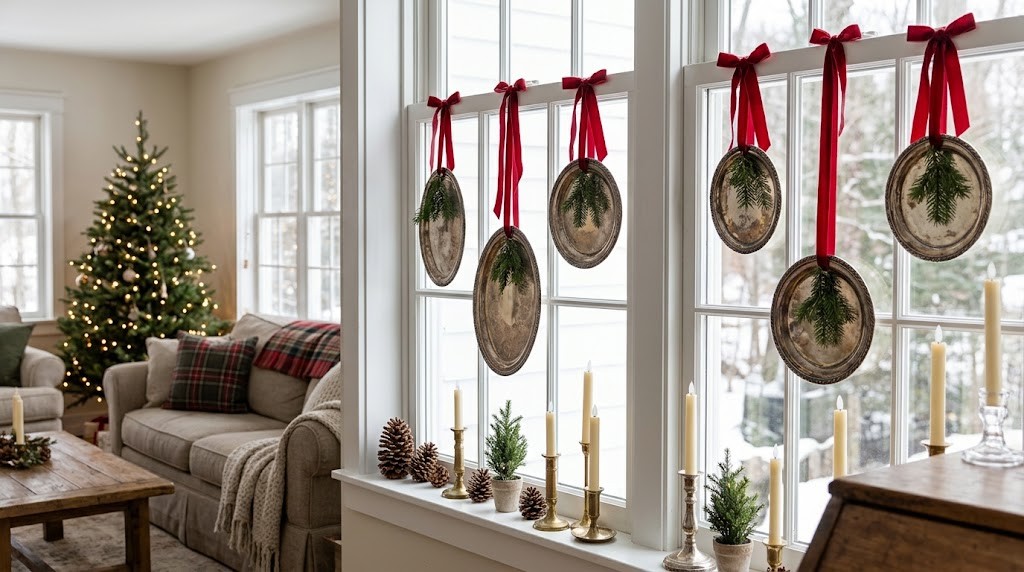 Silver Christmas decor with oval silver trays hanging in paned windows on red ribbons with greenery