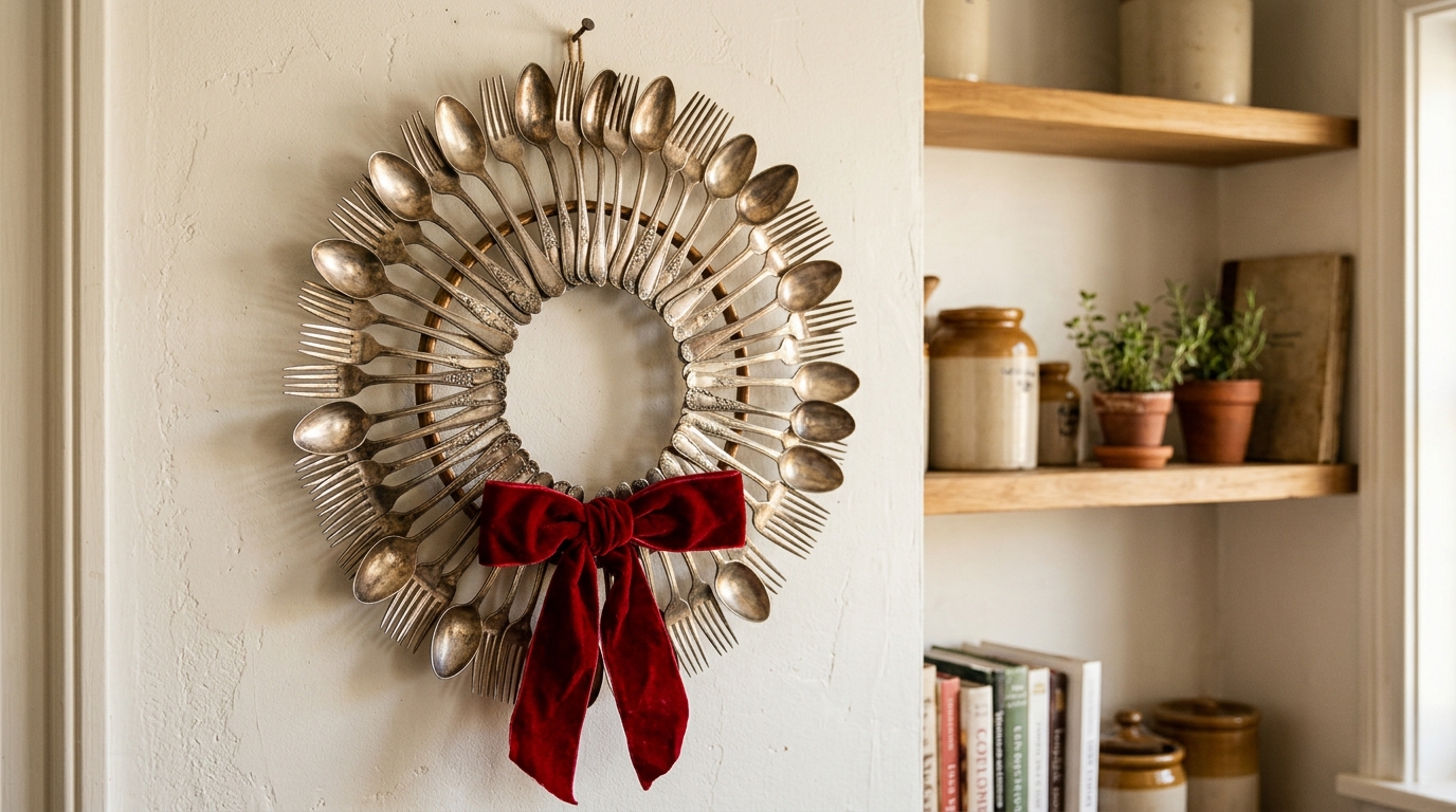Round wall wreath made from old silver forks and spoons arranged in a circle with a red velvet bow