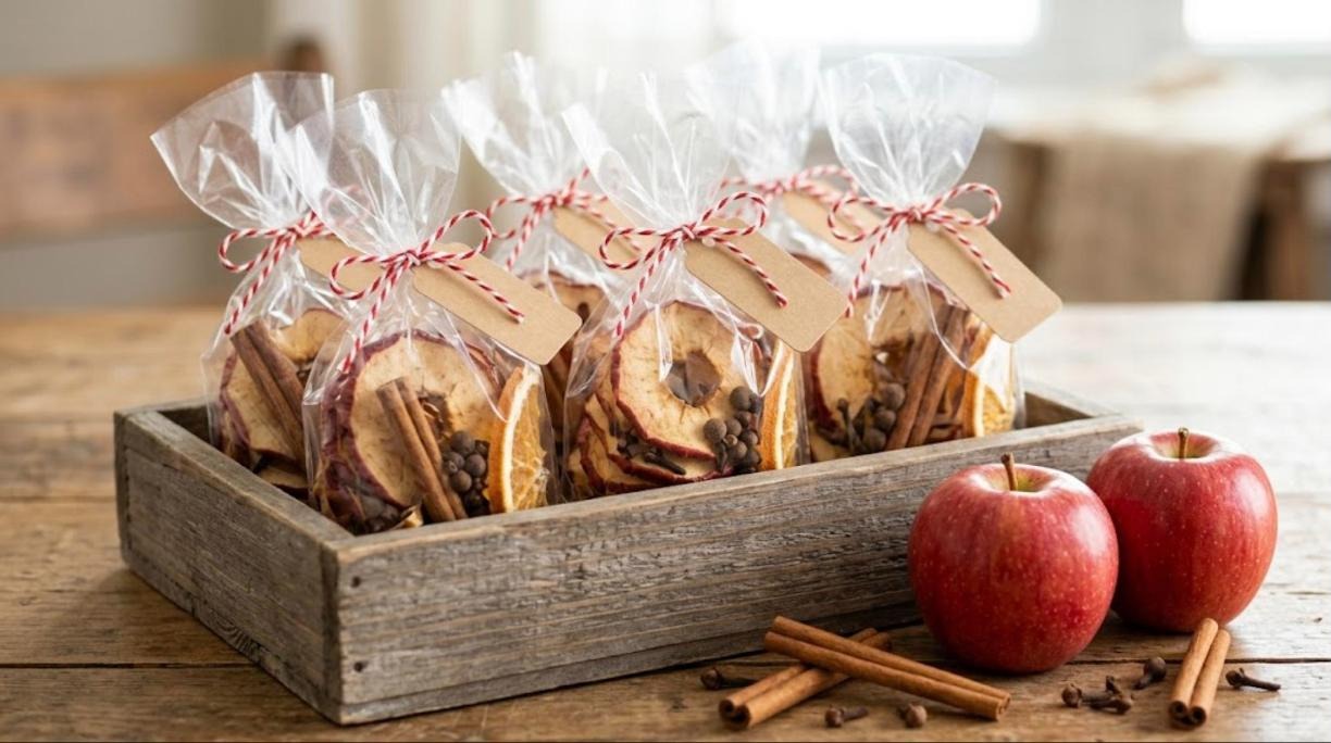 DIY simmer pot gifts in cellophane bags of dried apple rings, cinnamon sticks and allspice tied with baker twine