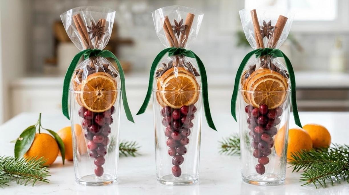 Cellophane cone bags layered with cranberries, orange slices, cinnamon and star anise tied with green velvet