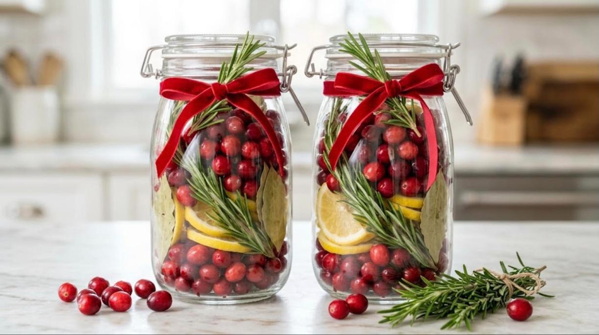 Clasp jars filled with cranberries, rosemary, lemon slices and bay leaves tied with red velvet ribbon