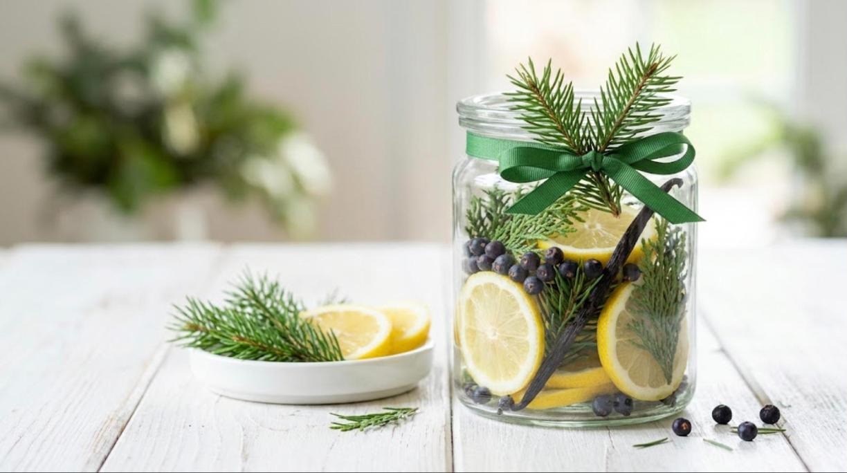 Glass jar of lemon slices, pine and cedar sprigs, juniper berries and a vanilla bean with a green bow
