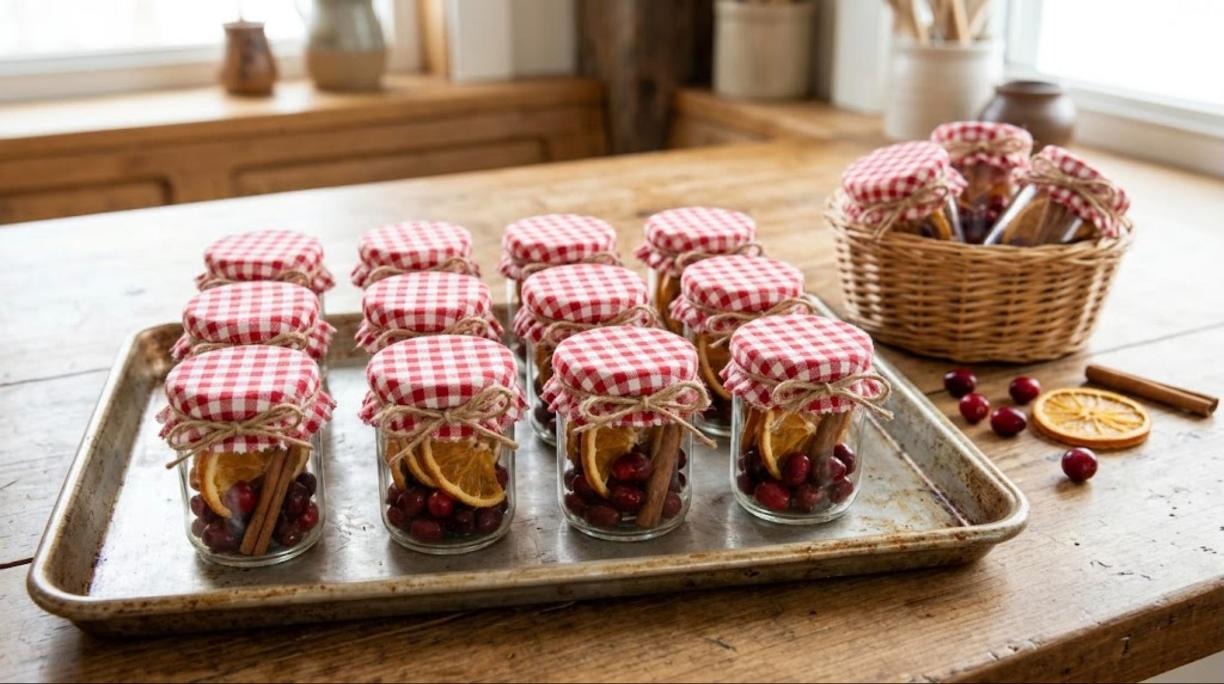 Mini DIY simmer pot gifts in tiny jars with red gingham lids lined up on a baking sheet