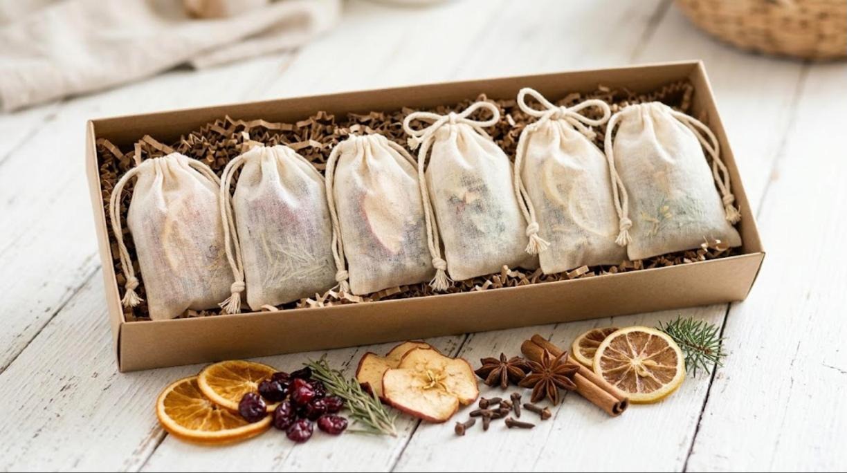 DIY simmer pot gifts sampler, six muslin drawstring bags of simmer mix in a kraft gift box
