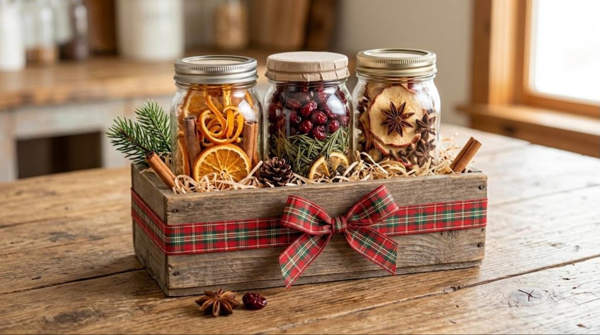 DIY simmer pot gifts crate with three jars of orange, cranberry and apple blends tied with plaid ribbon