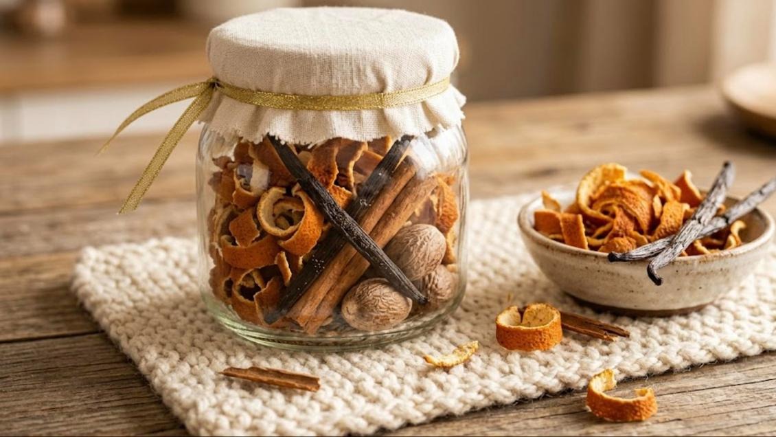 Linen topped jar of dried orange peel curls, vanilla beans, cinnamon sticks and whole nutmeg