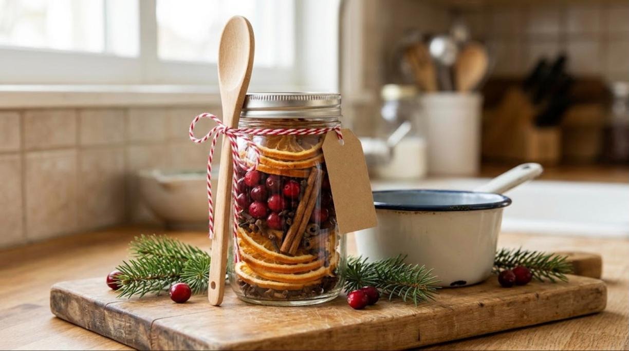 Mason jar of orange, cranberry and cinnamon simmer mix with a wooden spoon tied on with baker twine