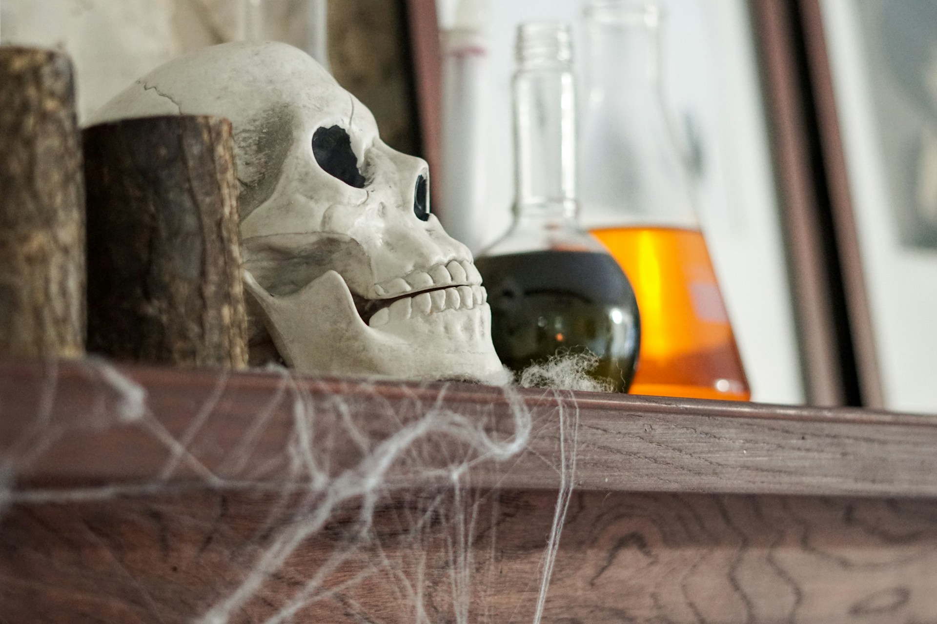 Martha Stewart Halloween apothecary shelf with a white skull, old glass potion bottles and faux spider web