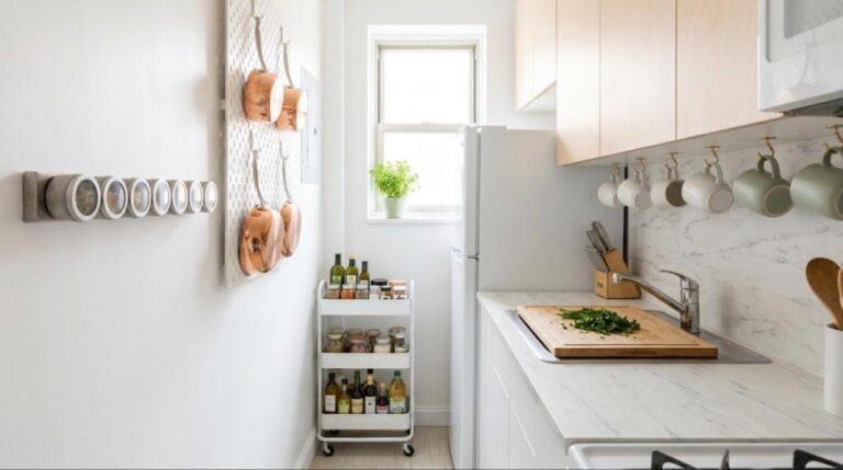 Small kitchen hacks in a bright galley kitchen: magnetic spice tins, pegboard copper pans, mugs on hooks and a rolling cart by the fridge
