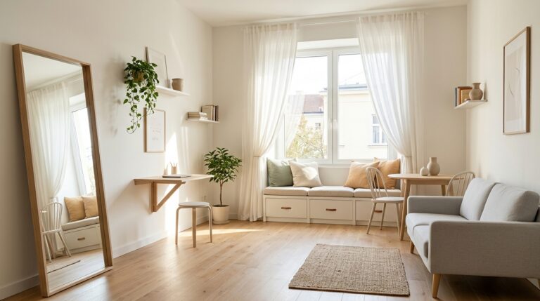 Small room tricks in a bright studio with high curtains, a big floor mirror, a fold down desk, a leggy sofa, a round table and a window seat