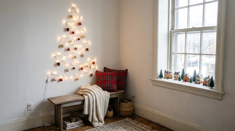Small Space Christmas Decor: a fairy light wall tree above a bench with plaid pillows and a mini village on the windowsill of a tiny apartment