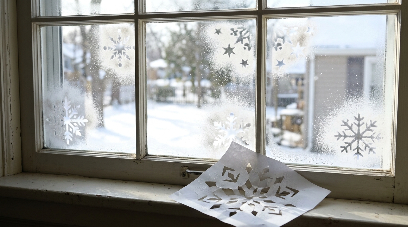 Christmas Window Painting idea: frosty snow spray stencil snowflakes in the corners of each pane