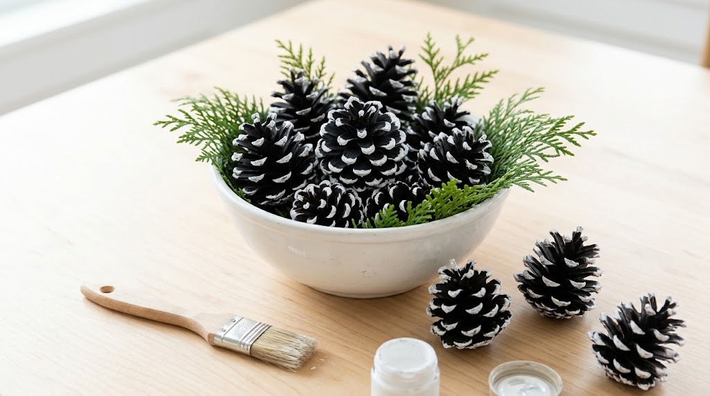 Pinecones painted matte black with white snowy tips in a white bowl with fresh cedar sprigs