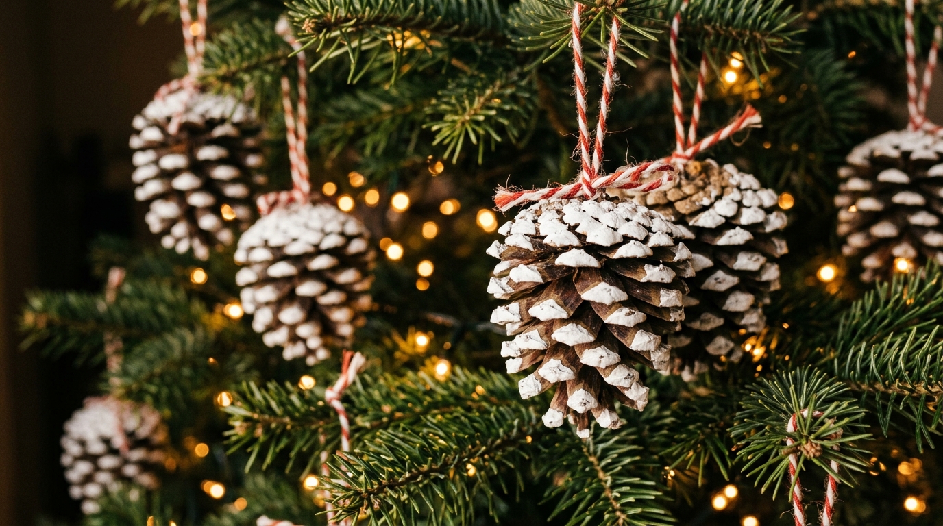 White snow-tipped ornaments hanging from red and white twine on an evergreen tree