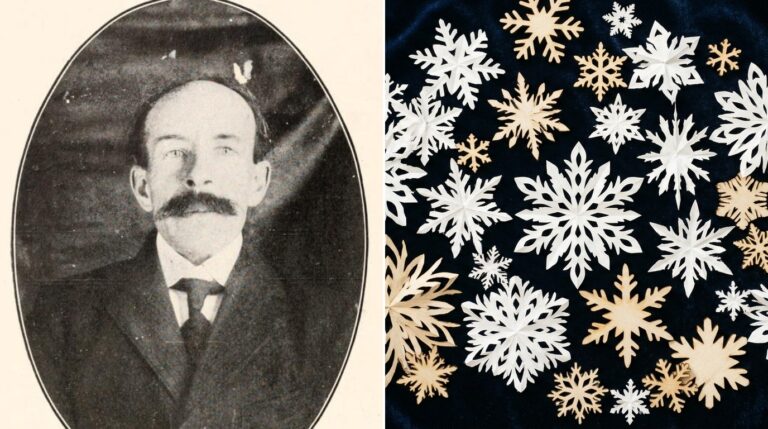 Snowflake Bentley: Wilson Bentley portrait beside handmade paper and wooden snowflakes on navy velvet