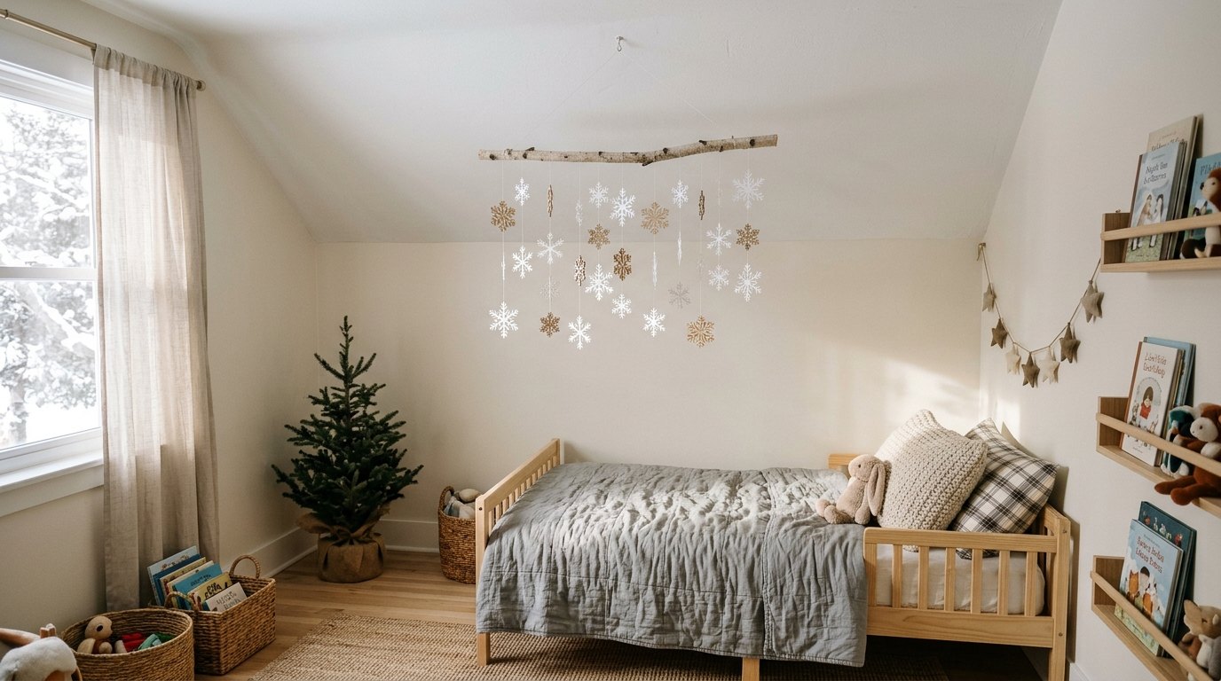 Mobile of paper and wooden snowflakes hanging from a birch branch above a kid's bed