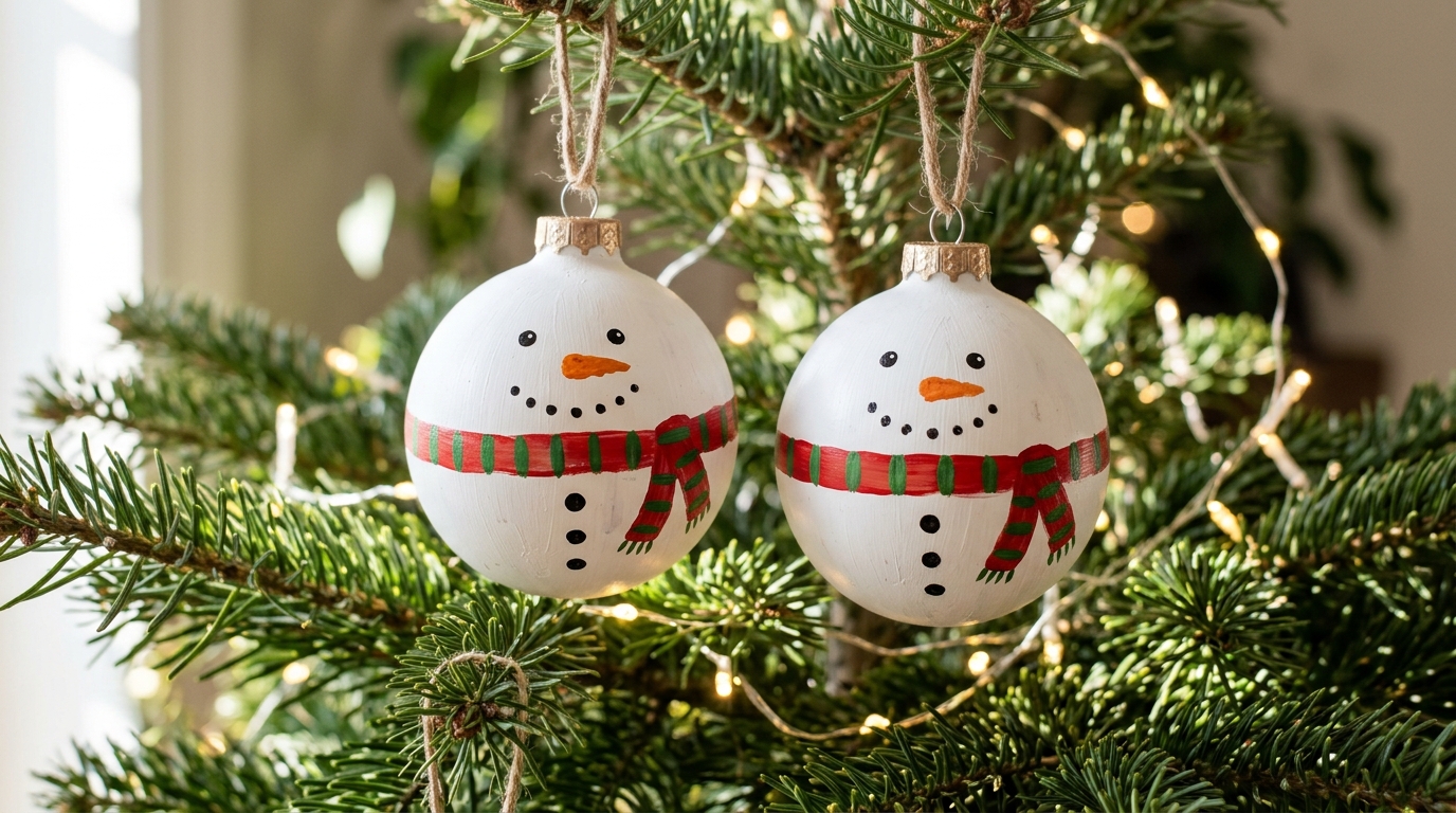 Two snowman baubles with striped scarves on a Christmas tree