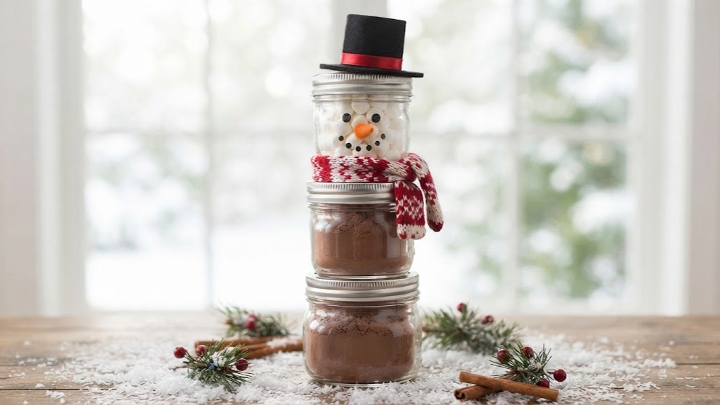 Three stacked cocoa jars decorated as a snowman with a knit scarf and felt hat