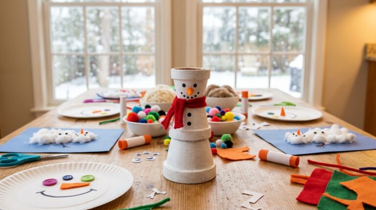 Snowman crafts for kids: a clay pot snowman with a red scarf beside paper plate and cotton ball snowmen
