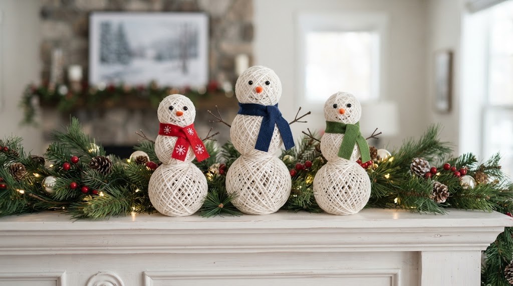 Round snowmen made from white twine balls with felt scarves on a mantel with pine