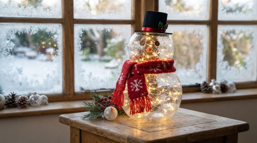 Snowman decor ideas: two stacked glass bowls filled with warm fairy lights and a red scarf