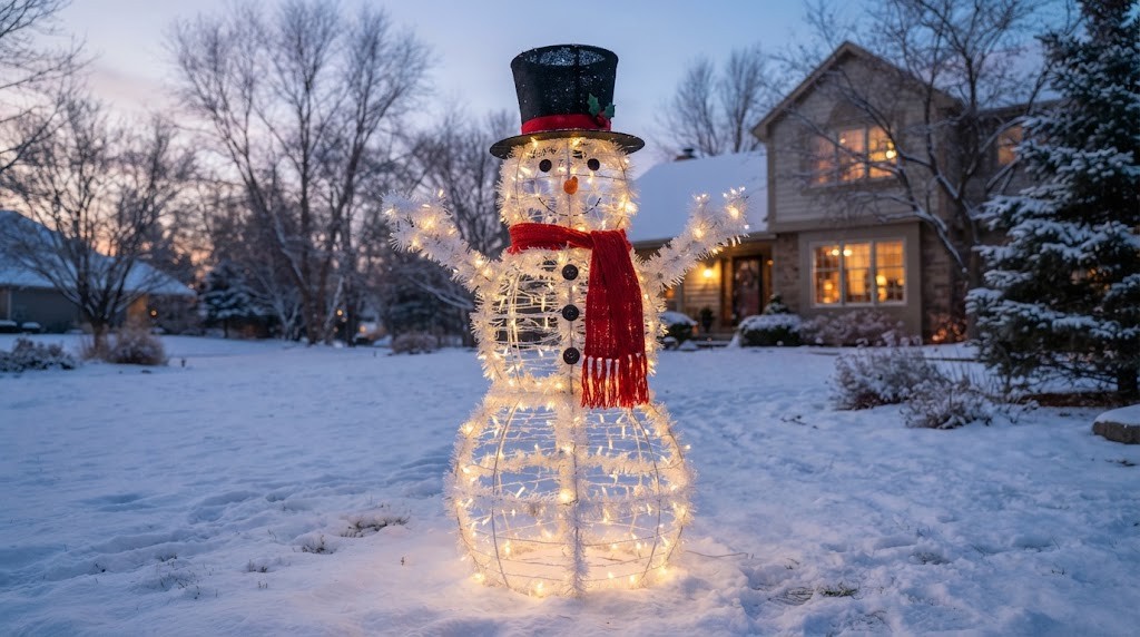 Snowman decor ideas with a tomato cage wrapped in white tinsel and LED lights in a snowy yard