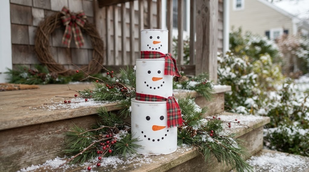 Snowman decor ideas with three white painted paint cans made into snowmen with plaid scarves on porch steps