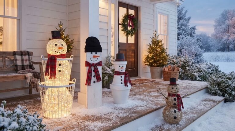 Snowman decor ideas on a snowy porch with a glowing laundry basket snowman, a wood post snowman and a flower pot snowman