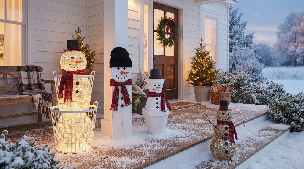 Snowman decor ideas on a snowy porch with a glowing laundry basket snowman, a wood post snowman and a flower pot snowman
